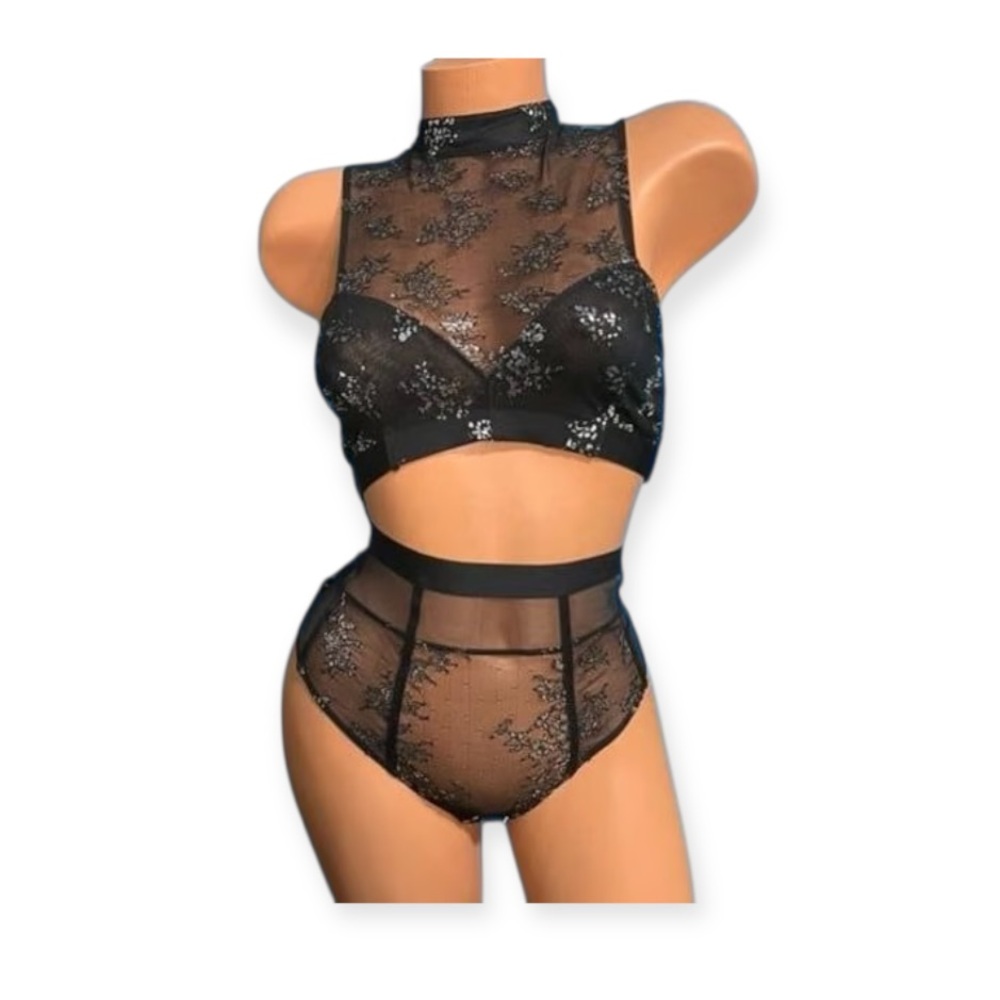 Victorias Secret Very Sexy High Neck Metallic Mesh Lace bralette bra & panty Set